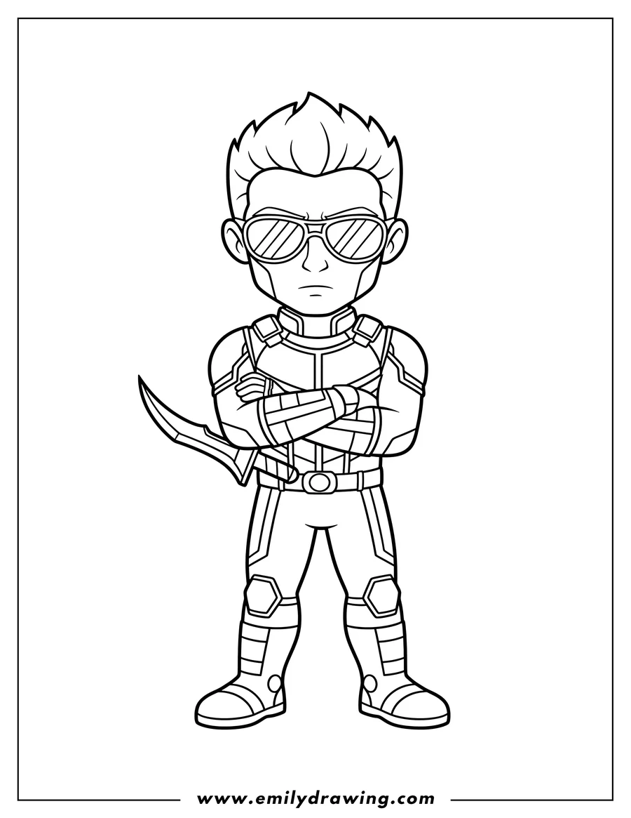 Coloring page for kids: clint Barton Hawkeye wearing glasses, holding an arm-mounted bladed weapon with arms crossed