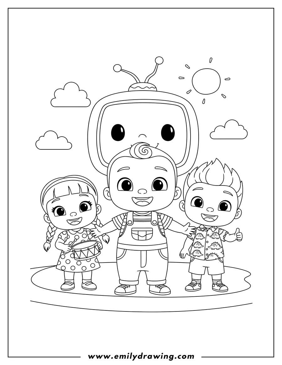 Downloadable coloring page of cocomelon Tv: JJ, YoYo, and TomTom standing together and smiling
