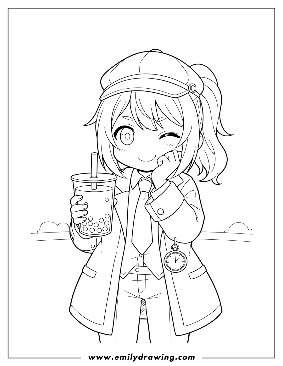 Simple sketch of amelia Watson drinking boba tea, holding items in one hand, and resting her chin on the other to color