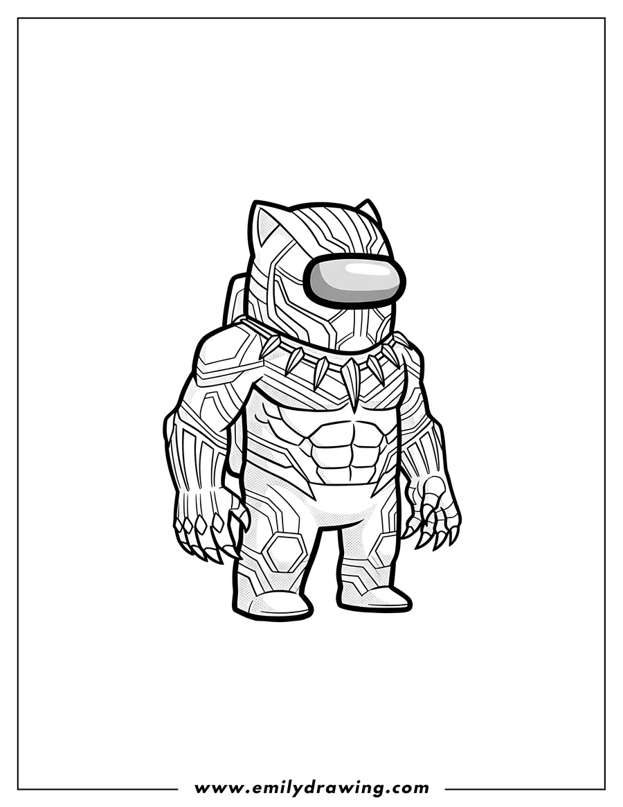 Linear illustration of among Us Black Panther Scaled, standing with a prominent claw necklace