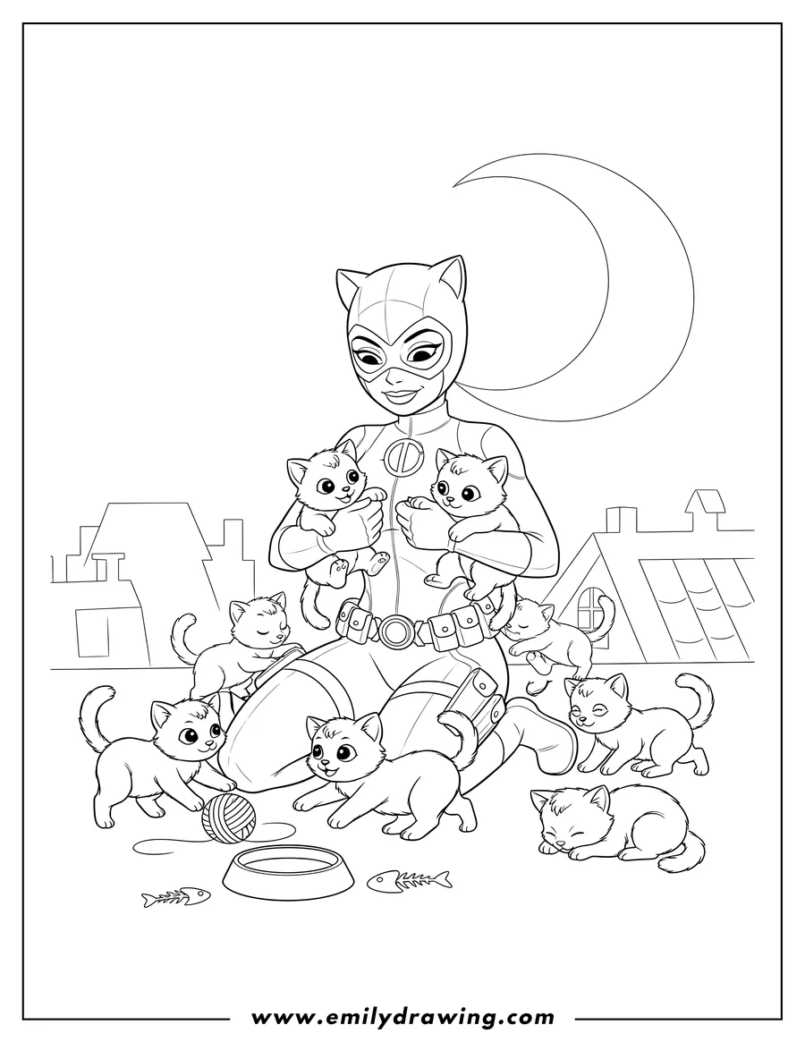 PDF style coloring page: cartoon Catwoman kneeling and cuddling three kittens, with more kittens around her