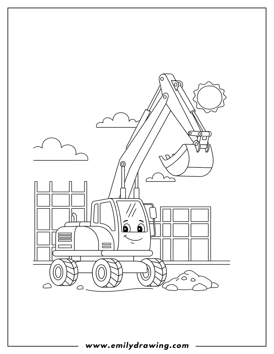 Doodle style coloring picture of digger with extended arm at a building site