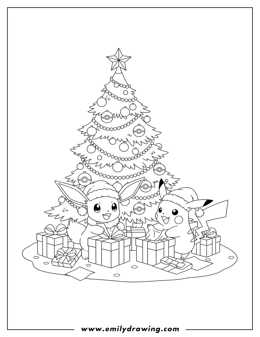 Outline drawing of pokemon Christmas Eevee And Pikachu in Santa hat opening presents under a Christmas tree with Poké Ball ornaments