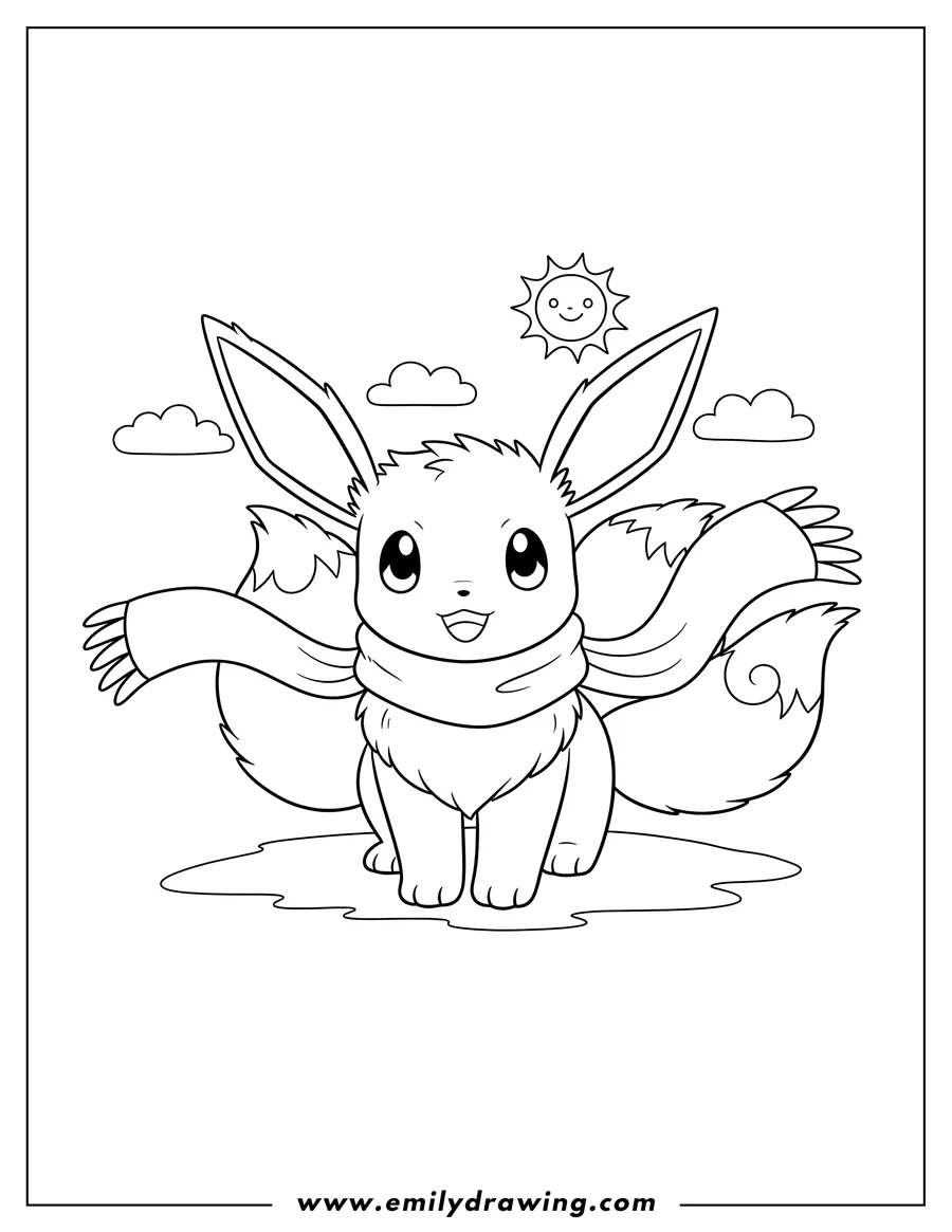 Printable coloring page of eevee Pokemon To Color with multiple curly tails and a scarf
