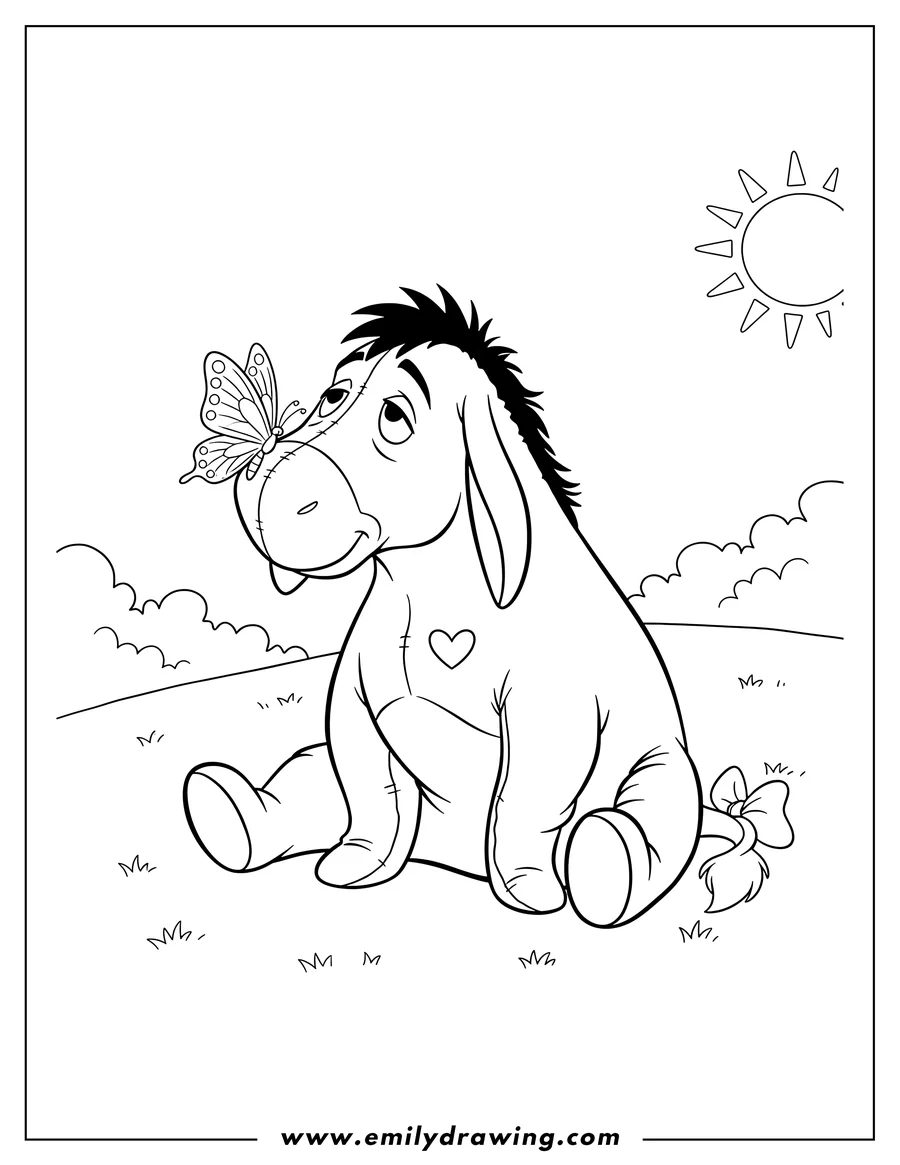Black and white line art of eeyore sitting with a butterfly on his nose and a small heart