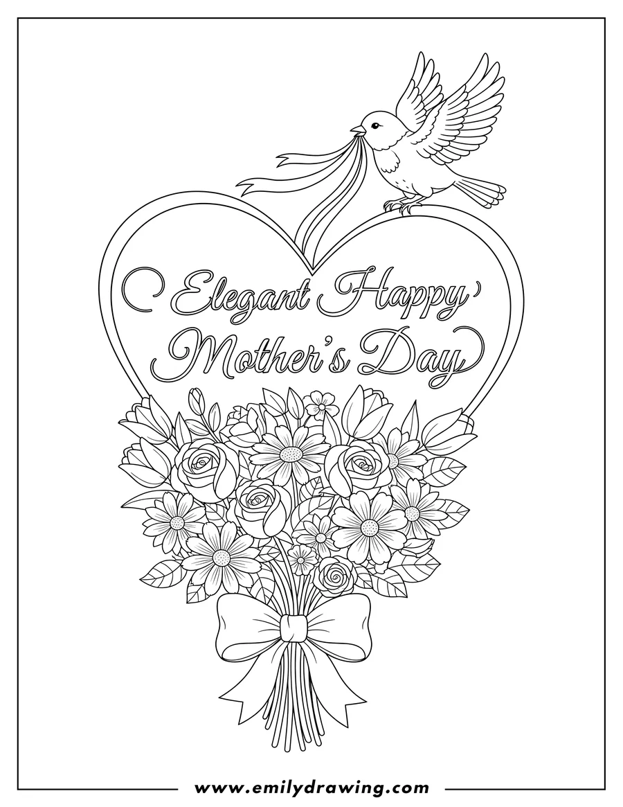 PDF style coloring page: elegant Happy Mother's Day words inside a heart, with a flying bird and a flower bouquet tied with a bow