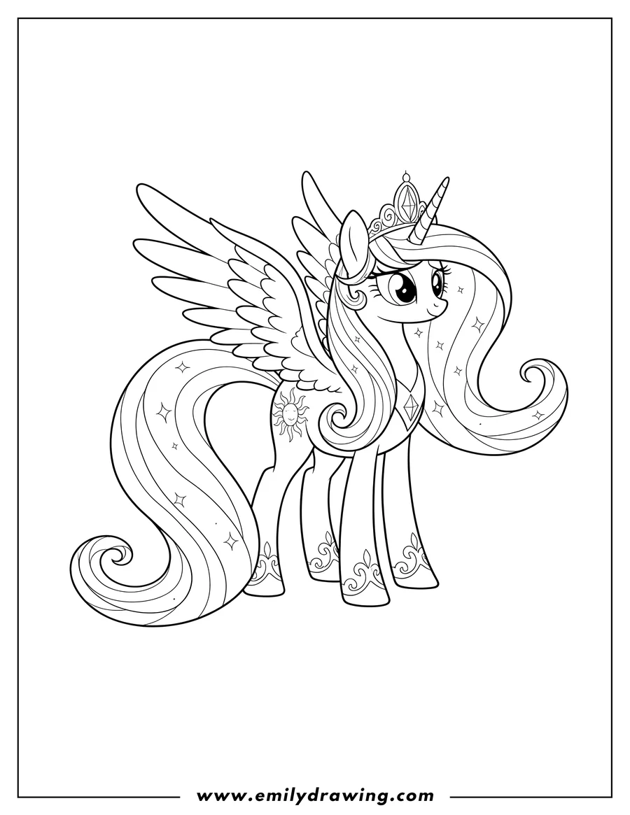 PDF style coloring page: elegant Princess Celestia, standing gracefully with flowing mane and tail and a sun cutie mark