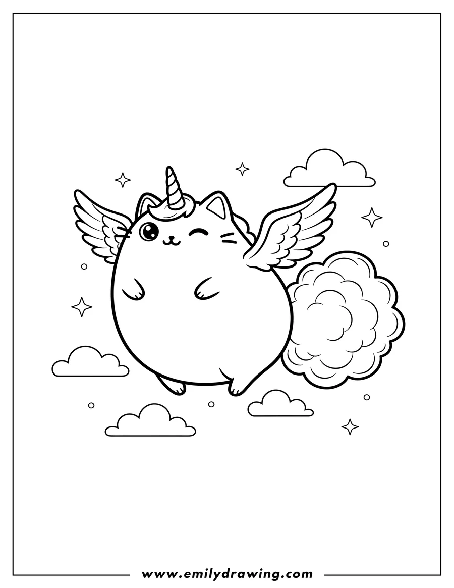 PDF style coloring page: flying Pusheen Unicorn Cat winking and smiling with a fluffy tail to color