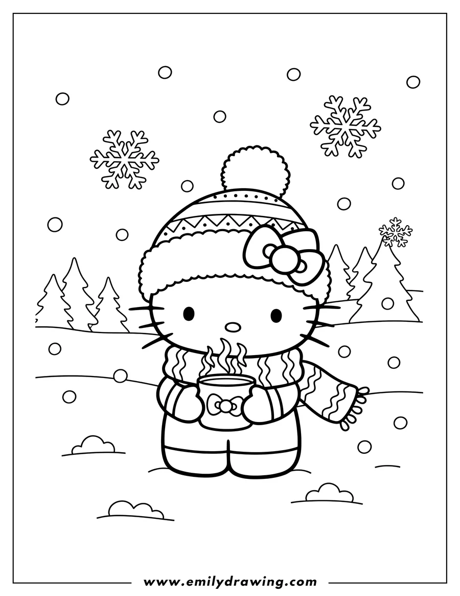 Linear illustration of cute Hello Kitty wearing a winter hat and scarf, drinking hot chocolate from a mug with a bow, in the snow