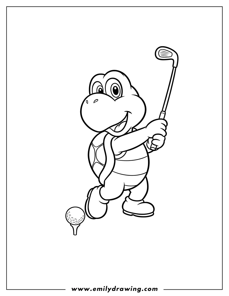 Doodle style coloring picture of koopa Troopa swinging a golf club and smiling