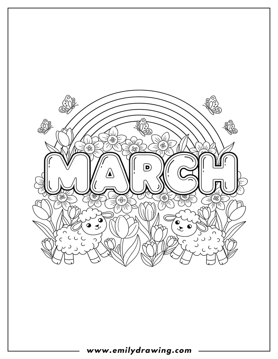 Free printable coloring sheet of large March Words Surrounded By Flowers, with lambs, a rainbow, and butterflies