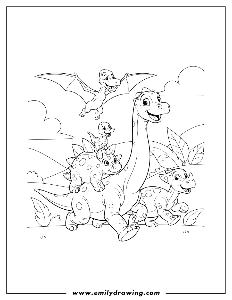 Coloring sheet featuring land Before Time Littlefoot, Cera, Spike, Ducky, and Petrie playing, with Ducky riding Spike and Petrie flying