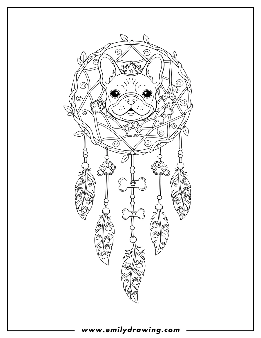 Doodle style coloring picture of magical French Bulldog Dreamcatcher decorated with paw prints and bones