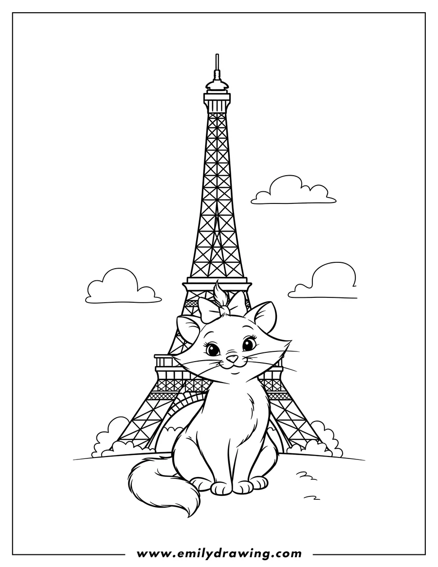 Simple sketch of marie the cat sitting in front of the Eiffel Tower with a bow to color