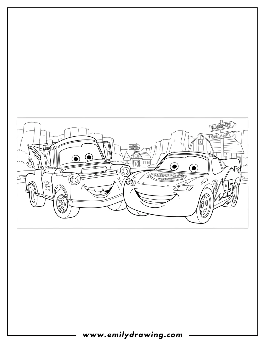 Free printable coloring sheet of mater and Lightning McQueen smiling and bumping wheels