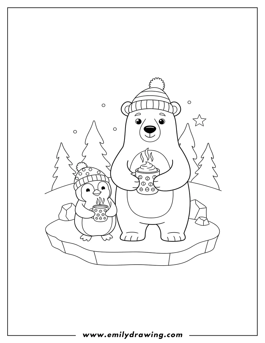 Free printable coloring sheet of polar Bear And Penguin wearing winter hats holding steaming mugs of hot cocoa at the North Pole