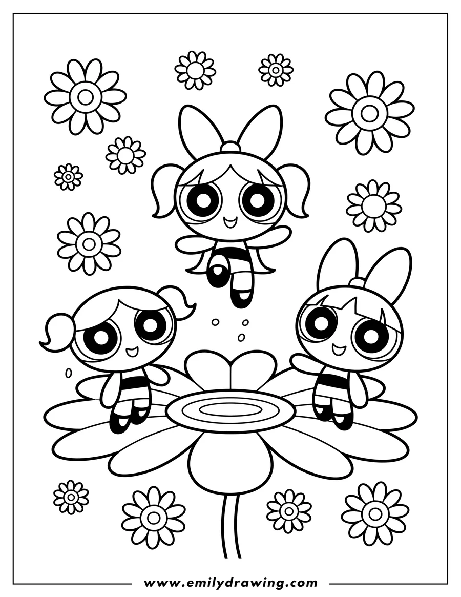 Black and white line art of powerpuff Girl
