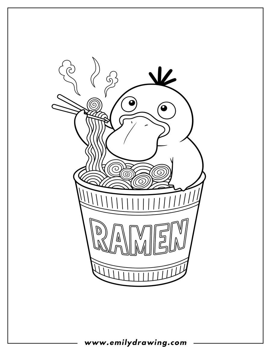 Free to print drawing of cute cartoon Psyduck emerging from cup noodles with chopsticks