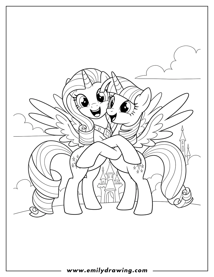 Black and white line art of rarity and Twilight Sparkle happily hugging each other