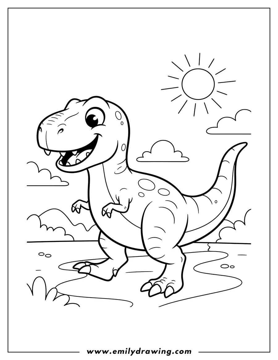Downloadable coloring page of rex Dinosaur smiling and walking