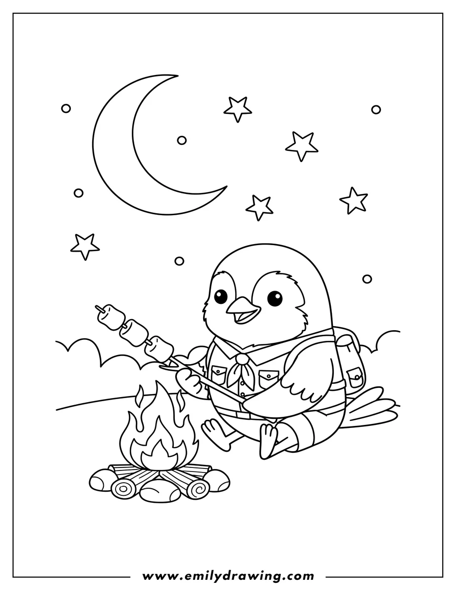 Linear illustration of robin Roasting Marshmallows on a Stick By Campfire Under Stars And Moon