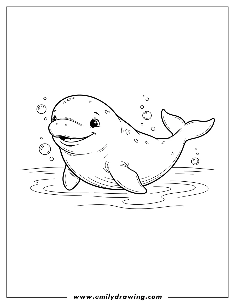 Printable line art of A smiling Bailey Beluga Whale swimming in side view