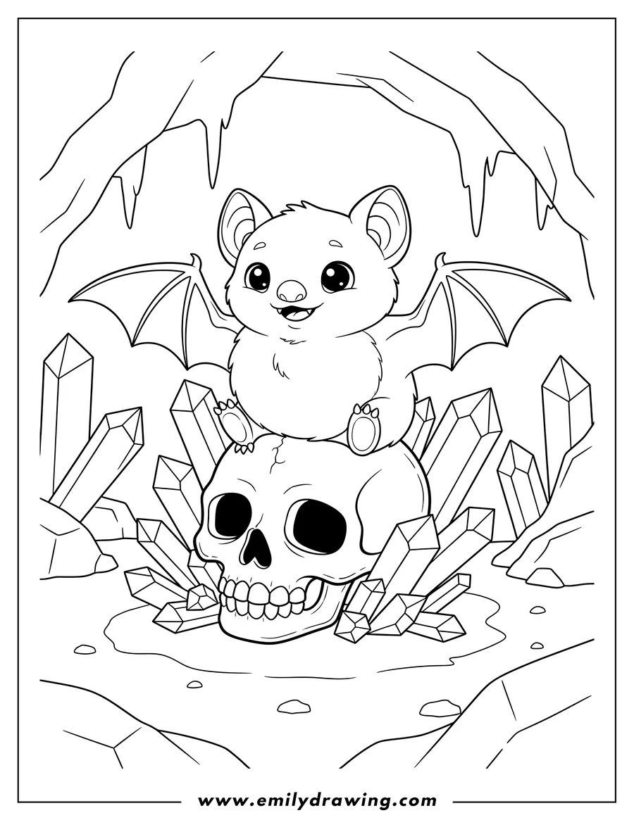 Clean line drawing: cute smiling bat with open wings sitting on a human skull, surrounded by crystals in a cave