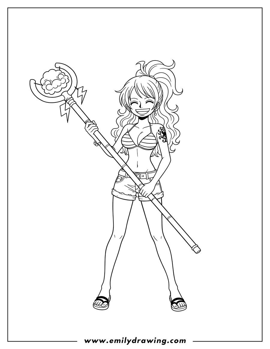 Coloring sheet featuring smiling Nami holding a staff