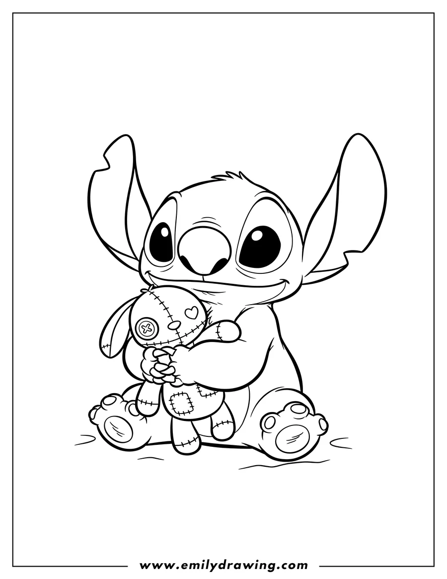 Free to print drawing of stitch sitting and cuddling his Scrump rag doll