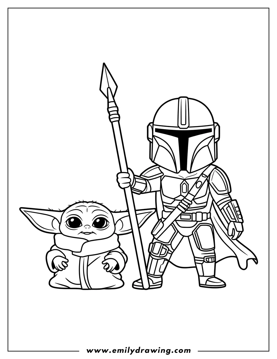 Coloring sheet featuring the Mandalorian