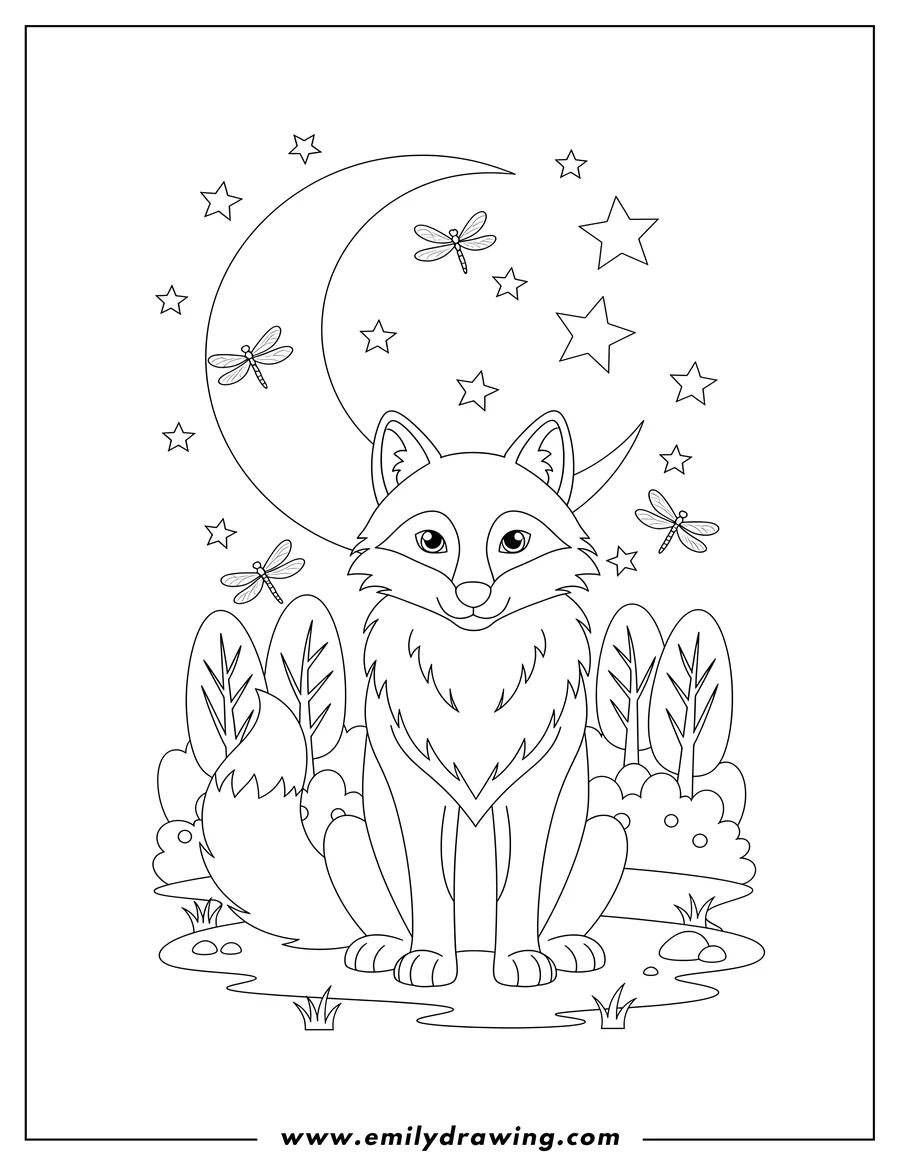 Outline drawing of front-facing Wolf Sitting Forest Clearing with Crescent Moon, Stars, and Dragonflies