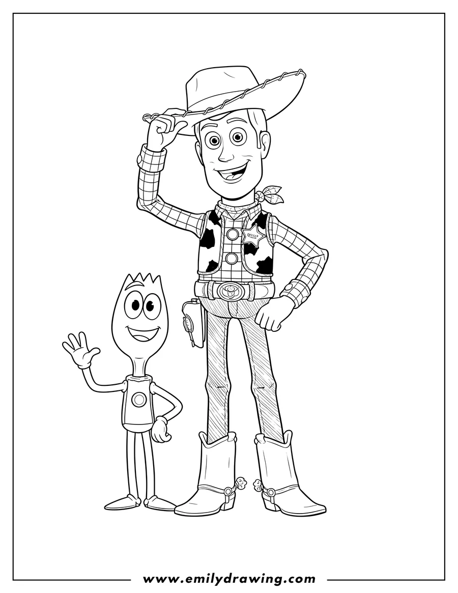 Printable coloring page of woody With Forky, Woody tipping his hat and smiling