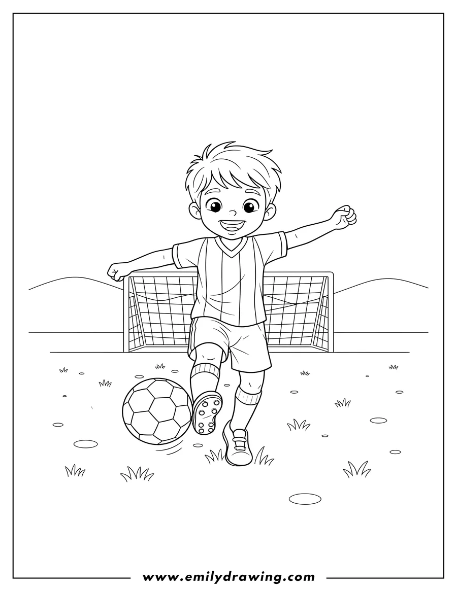 Clean line drawing: young boy kicking a soccer ball and smiling on a field