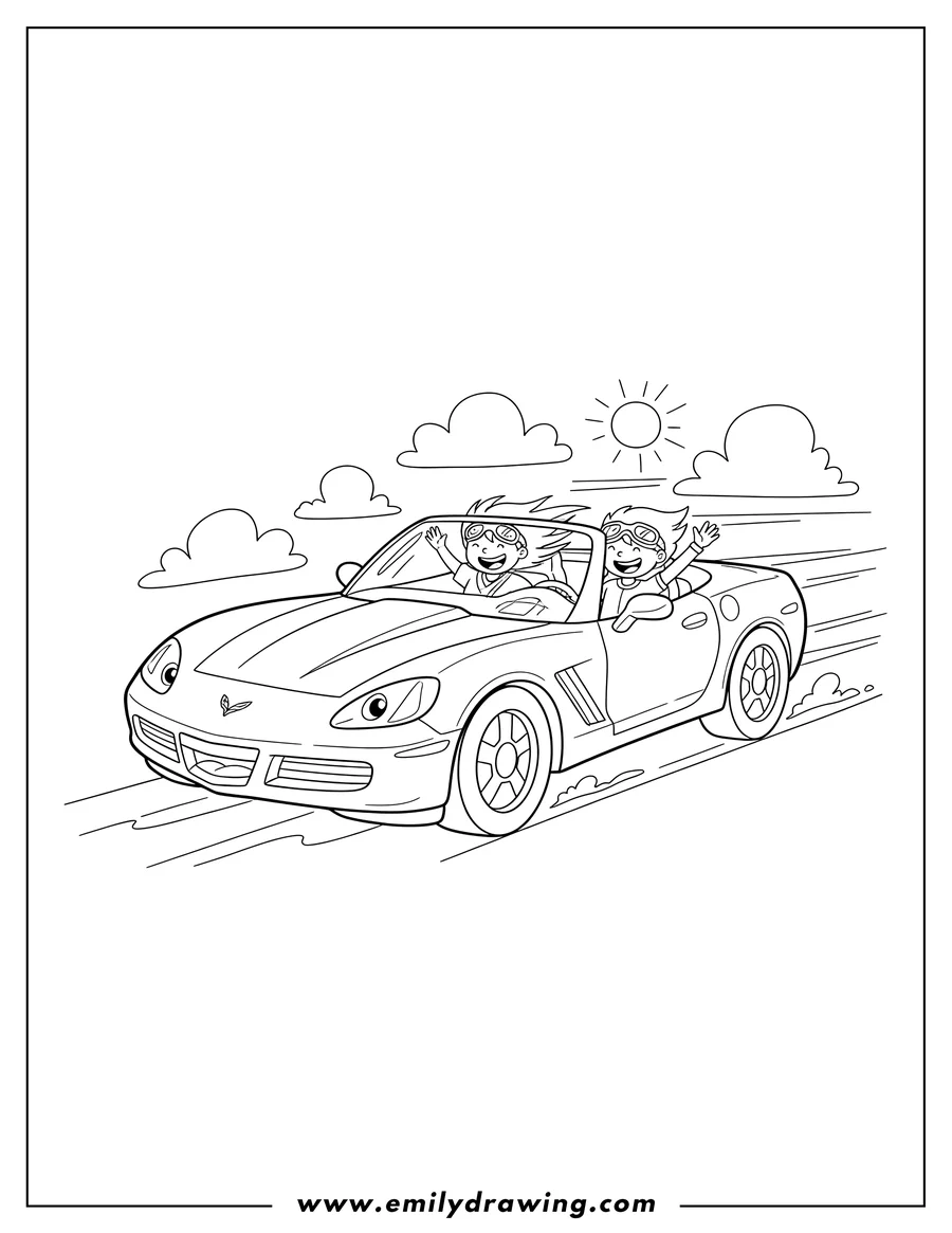 PDF style coloring page: convertible Corvette Car speeding