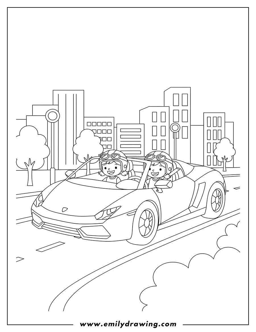 Printable line art of convertible Lamborghini Driving City Scaled, shown from a front three-quarter view