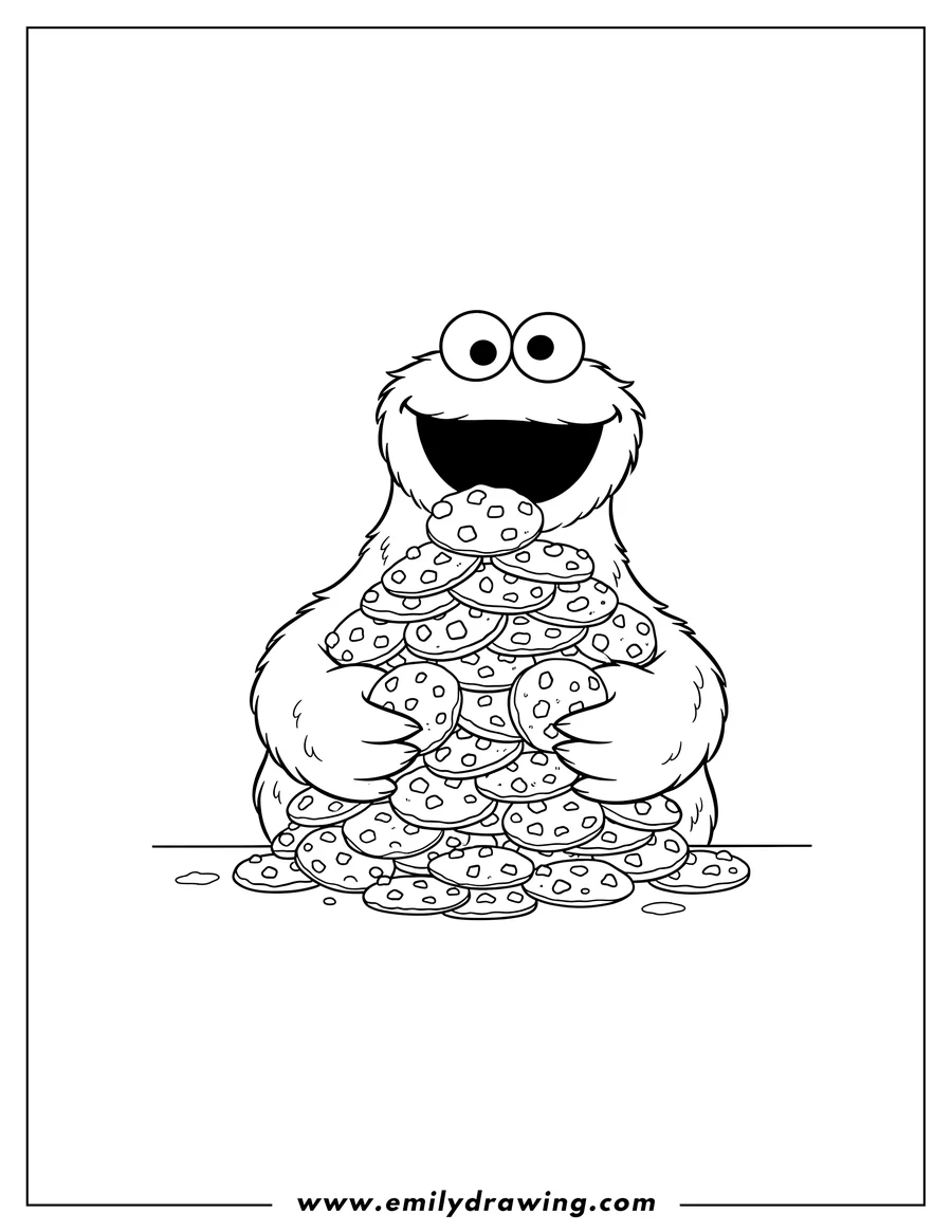 Downloadable coloring page of cute Cookie Monster smiling, holding a large pile of cookies with both arms