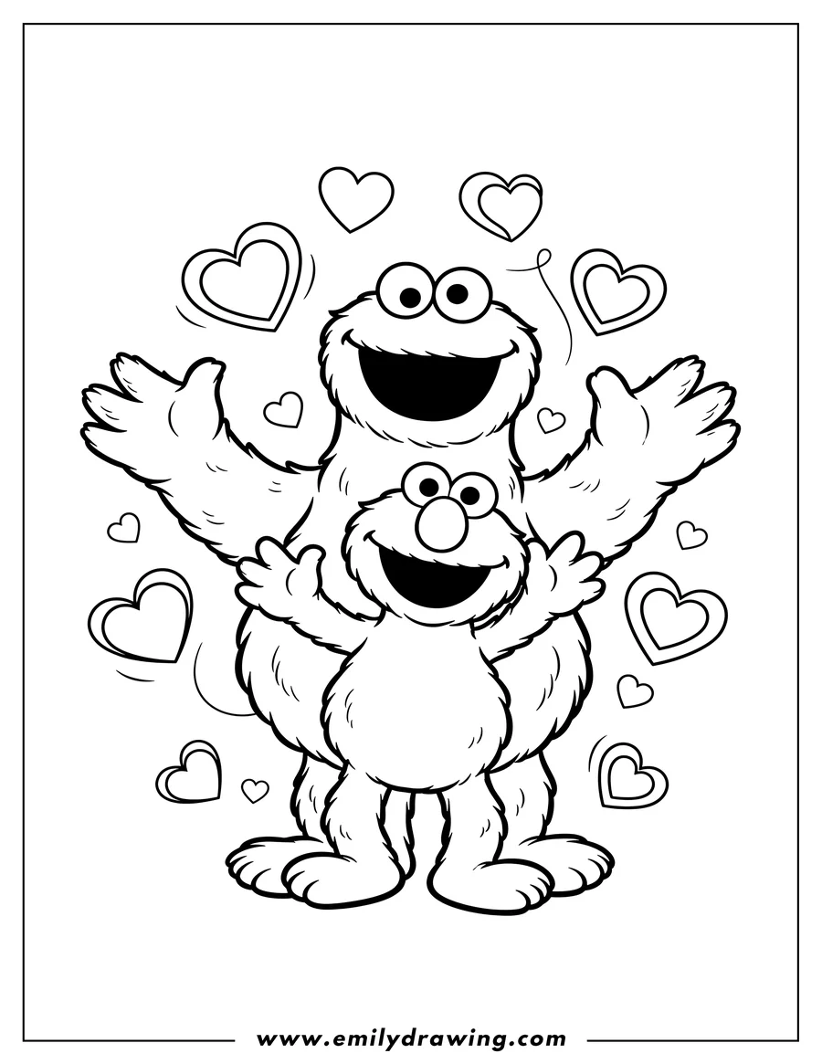 Black and white line art of cookie Monster hugging a smiling Elmo, surrounded by hearts