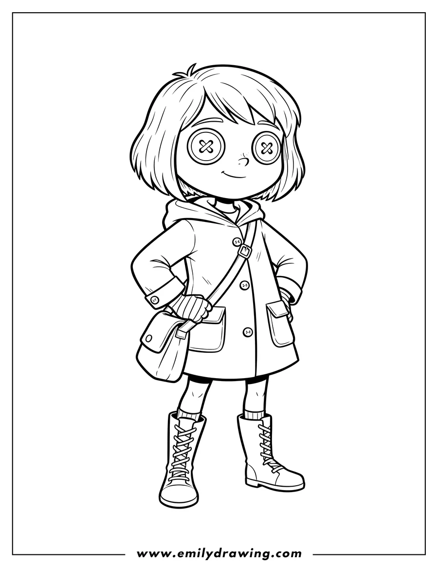 Doodle style coloring picture of cute Coraline with button eyes, wearing a jacket, bag, and boots, standing with hand on hip