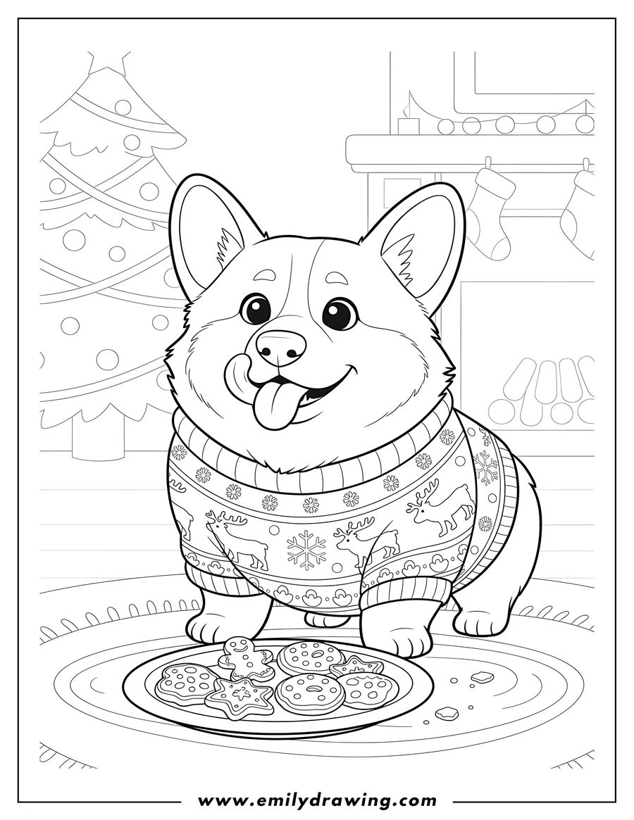 Clean line drawing: cute Corgi in a patterned Christmas sweater, licking its snout near a plate of cookies, coloring page