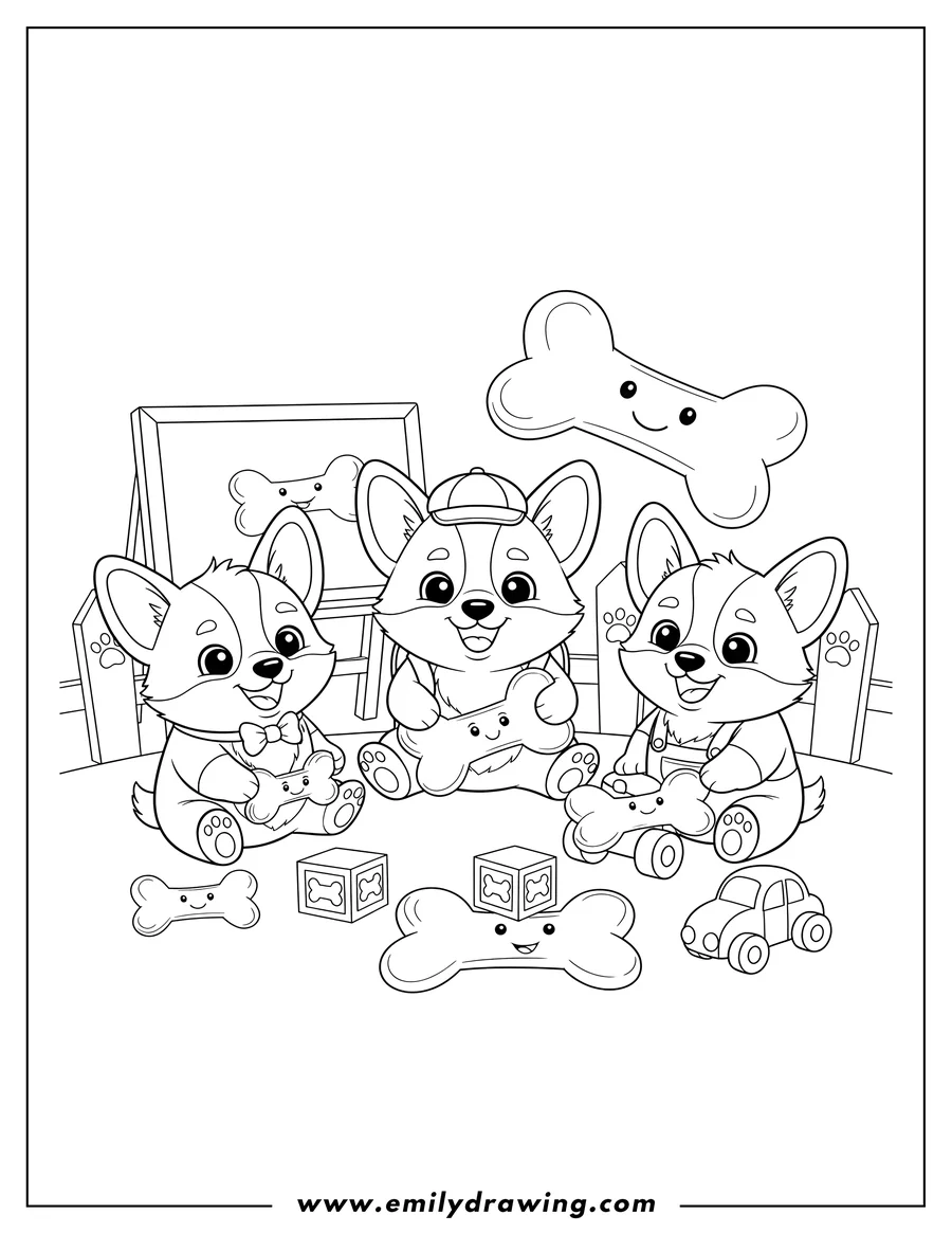 Doodle style coloring picture of cute Corgi Preschoolers sitting and smiling, surrounded by bones