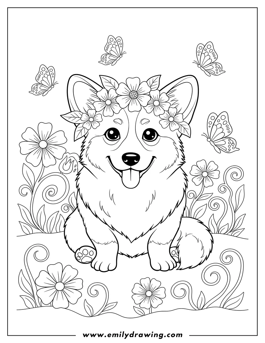 Coloring sheet featuring cute Corgi with flower crown, tongue out and big cute eyes, sitting in a garden with butterflies