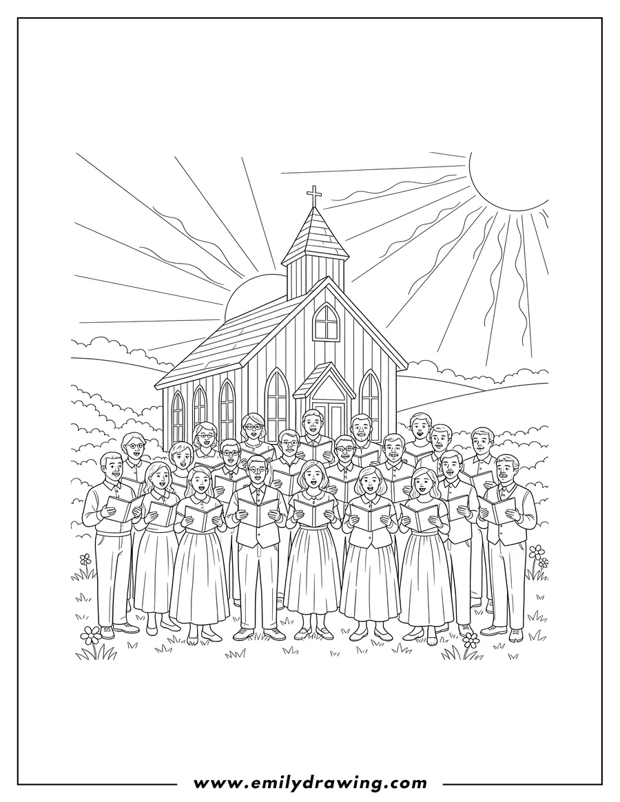 Downloadable coloring page of country Church With Choir of Men and Women Holding Songbooks Singing At Sunrise