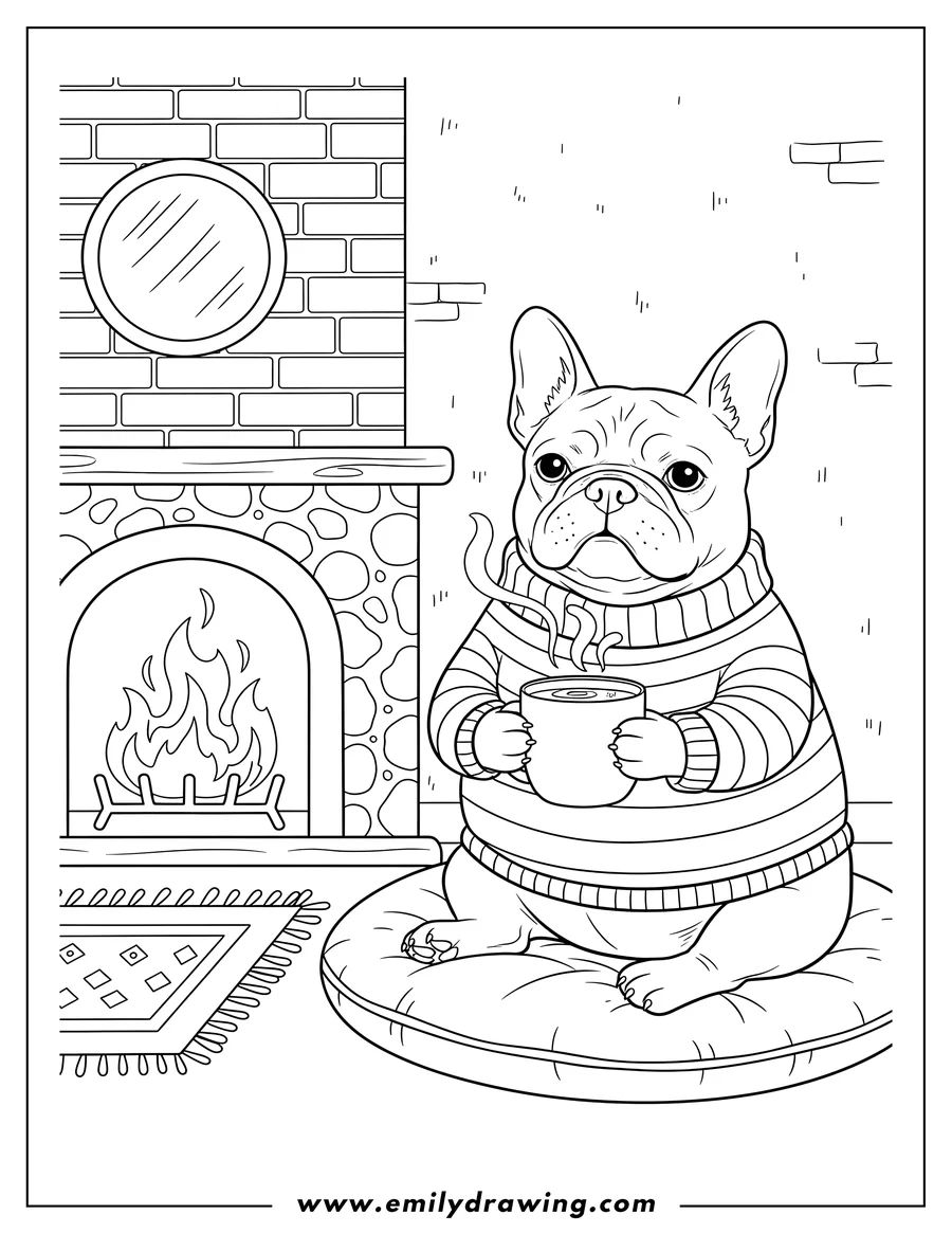 Black and white line art of cozy French Bulldog sitting in a striped sweater with a steaming hot drink by a fireplace