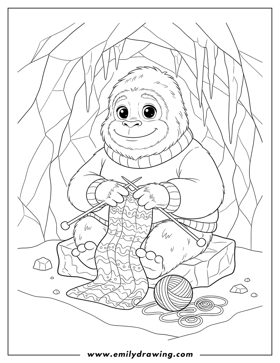 Full page coloring image of cozy, big-eyed Yeti sitting and knitting a wavy pattern inside an ice cave