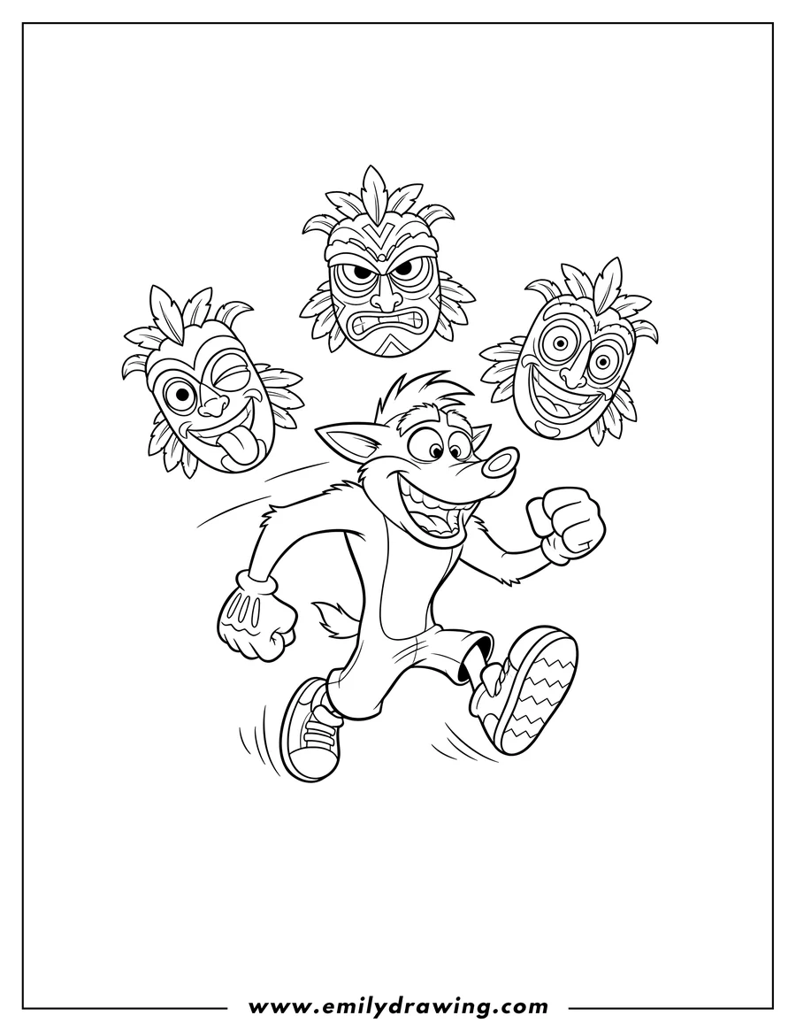 Clean line drawing: cute Crash Bandicoot running with a wide grin, accompanied by three Aku Aku masks with different expressions