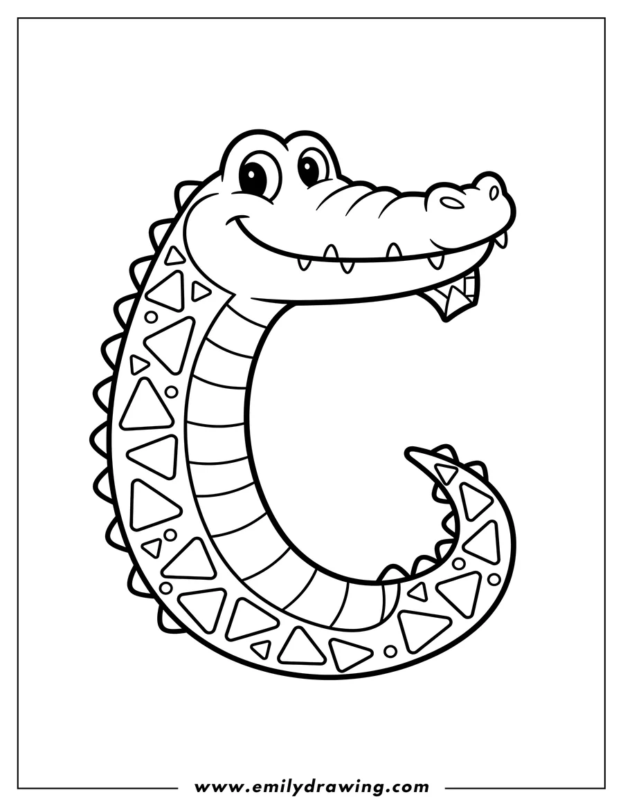 Printable coloring page of crocodile Themed Letter C, smiling, with triangular patterns