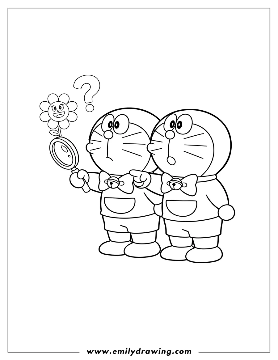 Simple sketch of curious Doraemon Preschoolers standing and looking to the left side to color