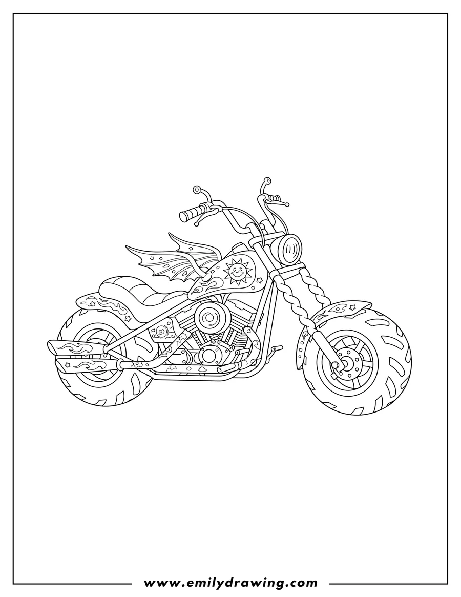 Doodle style coloring picture of chopper Motorcycle Scaled with cool custom designs