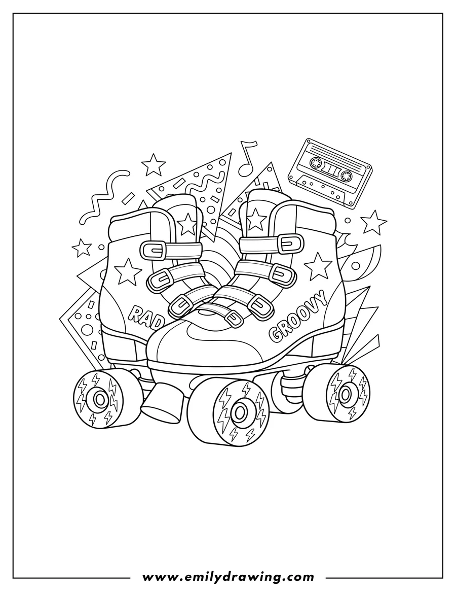 PDF style coloring page: cute 80s pair of quad roller skates