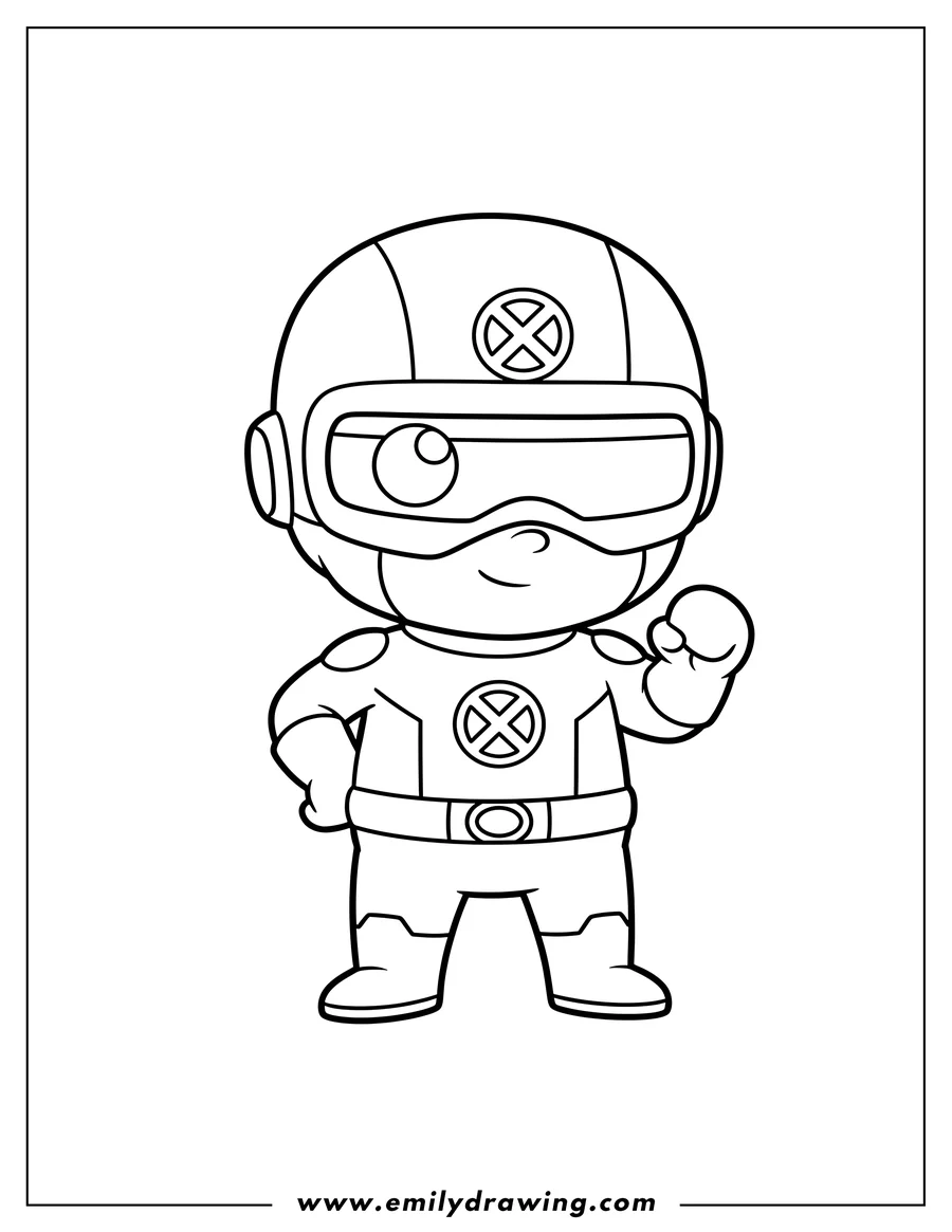 Free to print drawing of cute Cyclops X-Men preschooler with visor and X-Men symbol, chibi coloring page